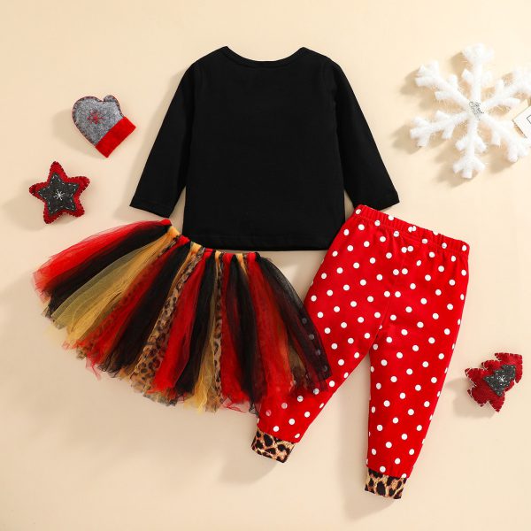 3pcs sets Christmas Girls Clothes Santa Claus Pattern Tops Mixed Color Mesh Tutu Skirt Dress Dots Pants Children Clothing - Image 2