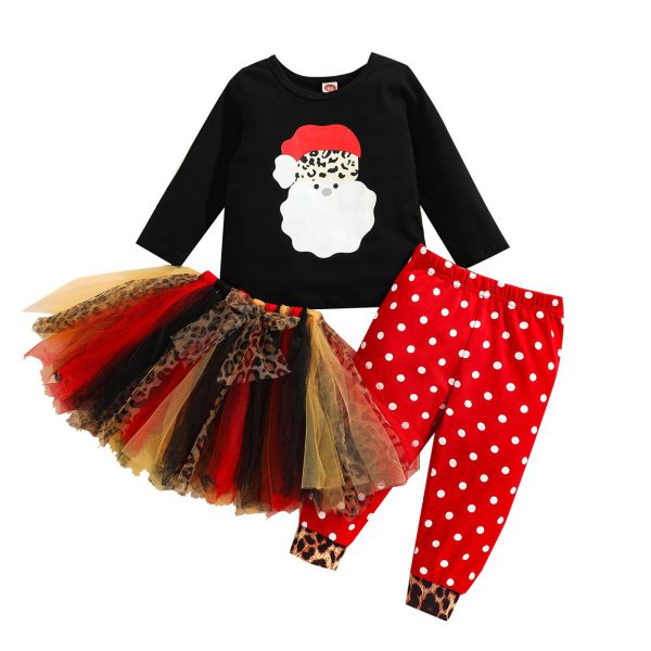 3pcs sets Christmas Girls Clothes Santa Claus Pattern Tops Mixed Color Mesh Tutu Skirt Dress Dots Pants Children Clothing - Image 5