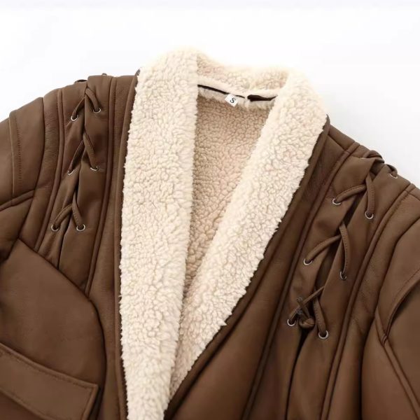 European and American style women's clothing new French waist cinching slimming suede leather jacket with tie up jacket - Image 3