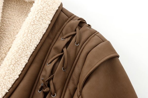 European and American style women's clothing new French waist cinching slimming suede leather jacket with tie up jacket - Image 6