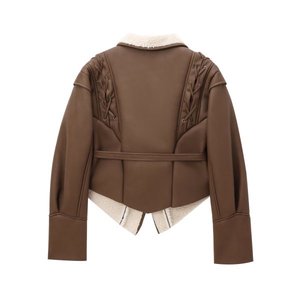 European and American style women's clothing new French waist cinching slimming suede leather jacket with tie up jacket - Image 2