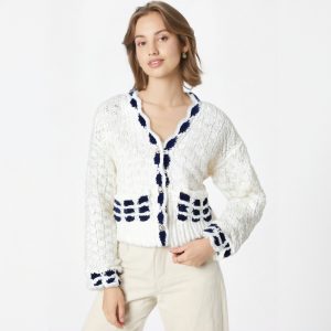 Hand Knit Color Block Knit Cardigan Side Pockets Loose Vintage Sweater Jacket Top Autumn Winter Woman Clothing