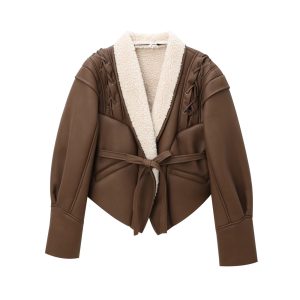 European and American style women's clothing new French waist cinching slimming suede leather jacket with tie up jacket