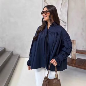 Women's Clothing Pleated Turn-down Collar Spliced Flare Sleeve Blouse