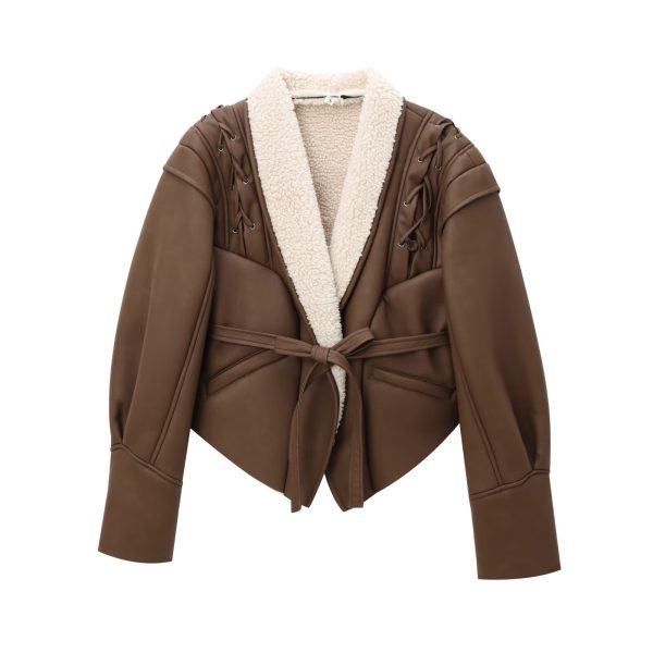 European and American style women's clothing new French waist cinching slimming suede leather jacket with tie up jacket - Image 5
