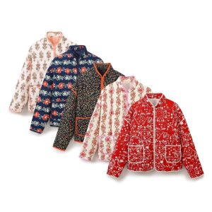 Autumn and winter women's clothing new European and American style stand collar loose printed thin casual cotton jacket for women