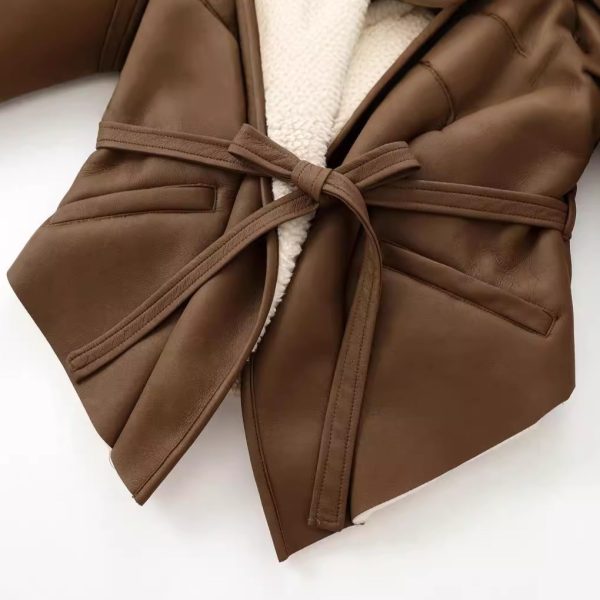European and American style women's clothing new French waist cinching slimming suede leather jacket with tie up jacket - Image 4