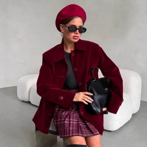 Velvet Jacket Women's  Retro Wine Red Coat High-end Women's Clothing - Image 3