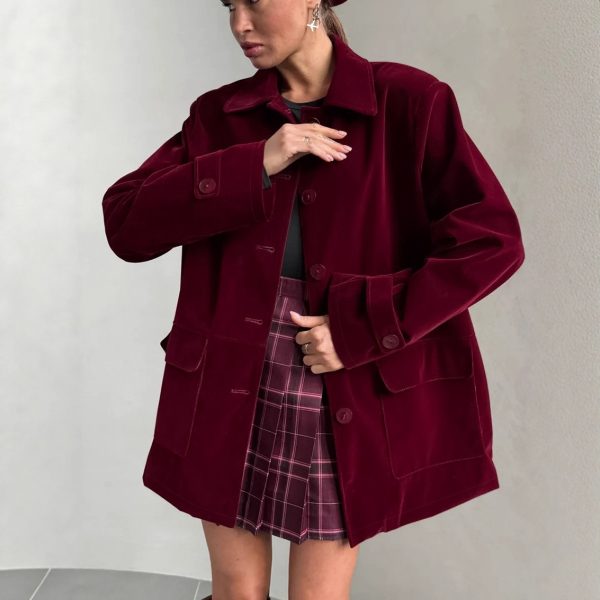 Velvet Jacket Women's  Retro Wine Red Coat High-end Women's Clothing - Image 5